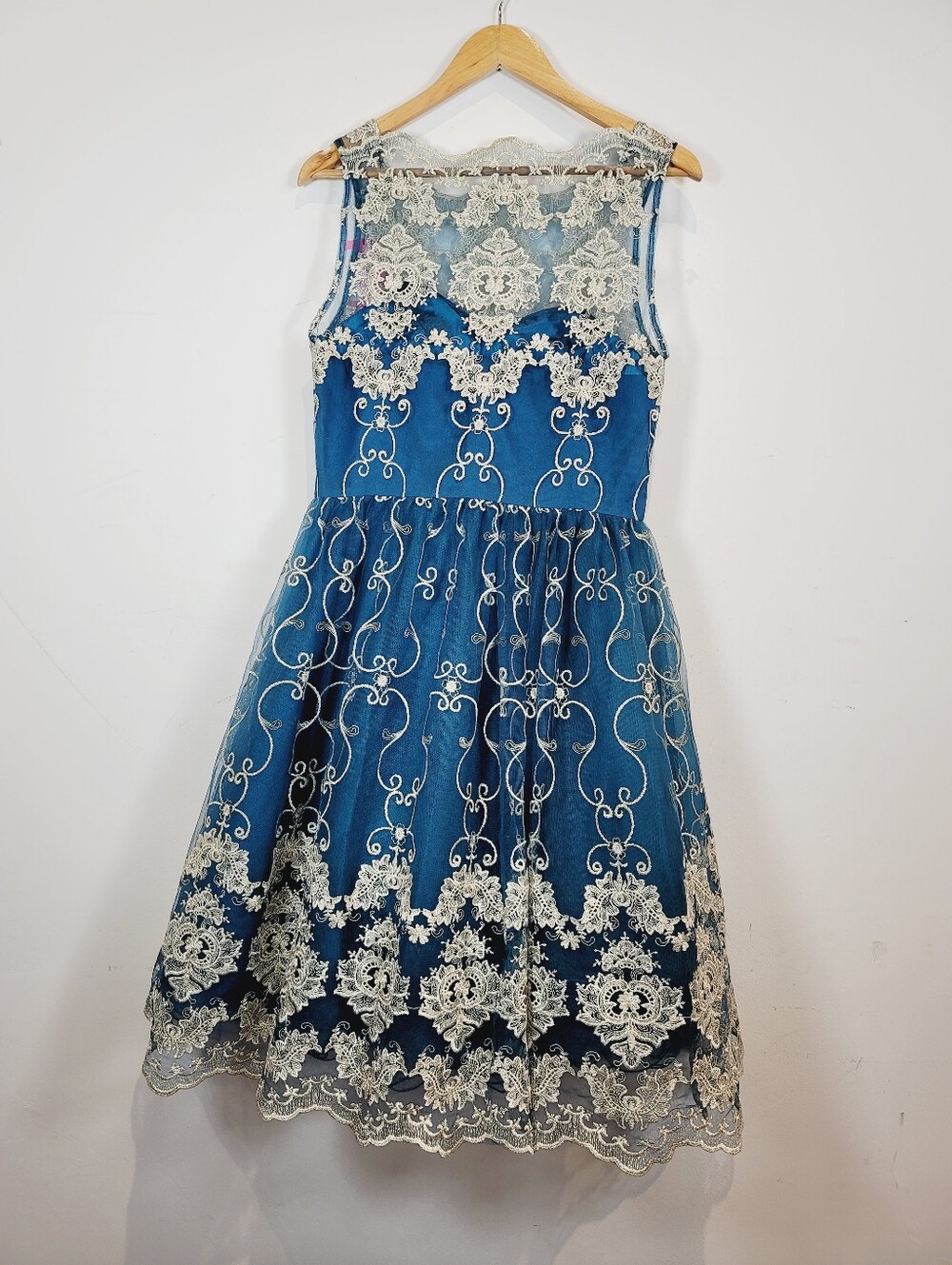 Chi Chi London Reign or Shine Metallic Navy and Cream Lace Party Dress, Size 12